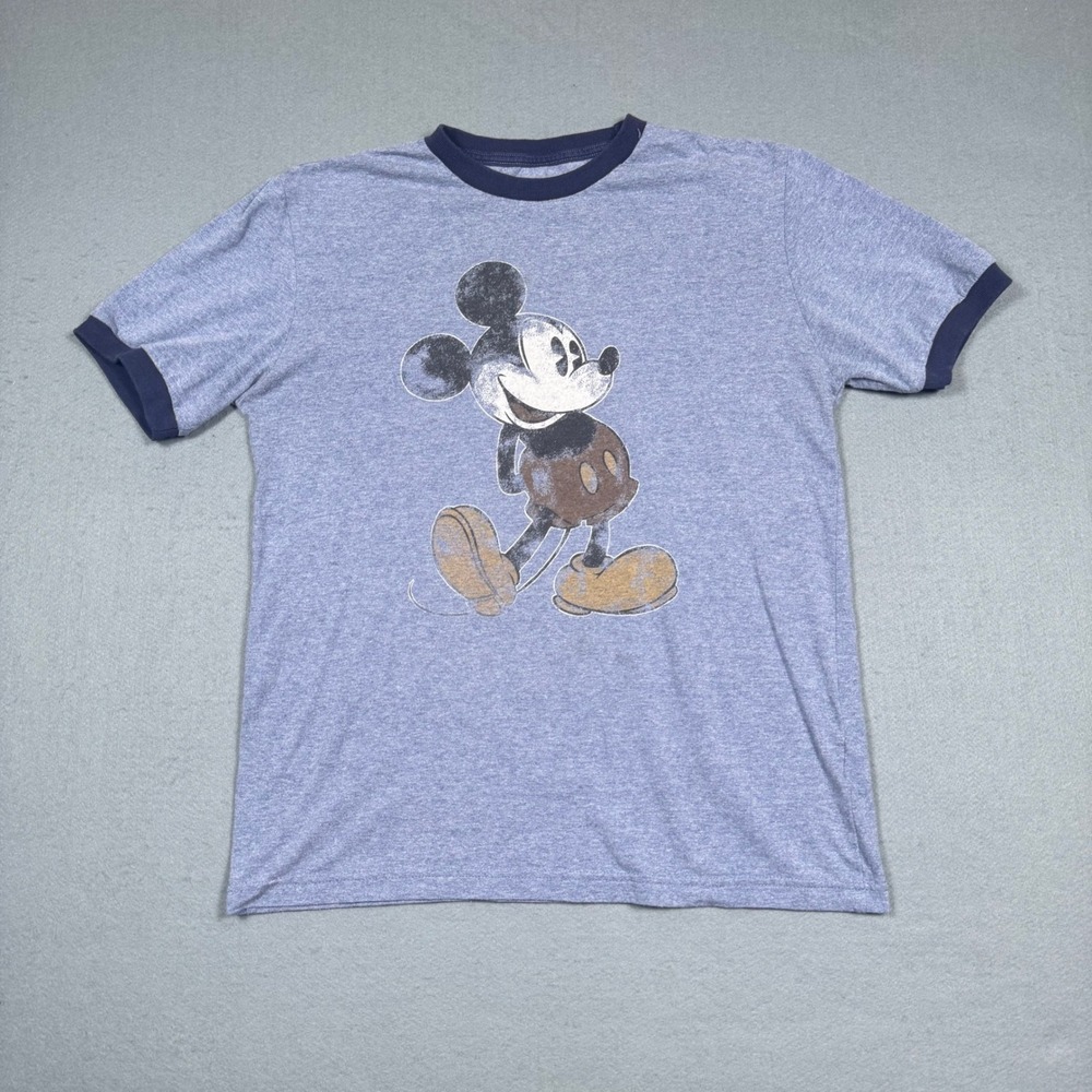 Disney Parks Mickey Mouse Ringer T-Shirt Men Small Blue Distressed Graphic Tee